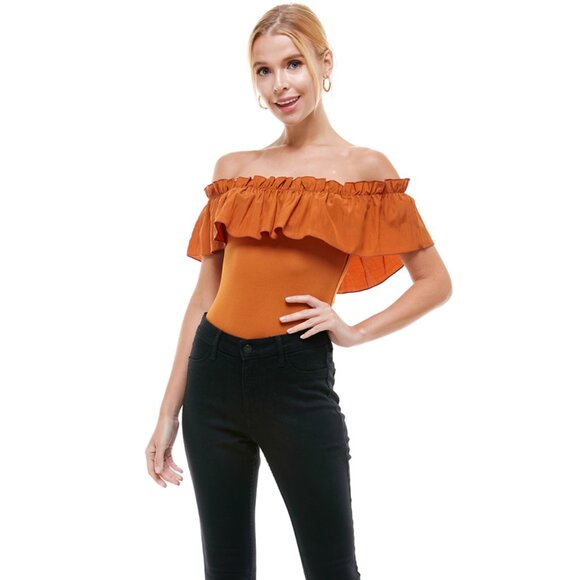 NWOT | TCEC Ruffle Off Shoulder Bodysuit – Camel – S – CT7370 - Picture 3 of 9